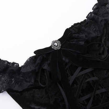 Sleeveless Velvet Lace Hem Ruffle Lace-Up Mini Dress