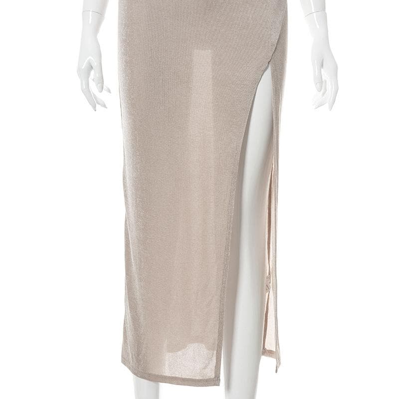 Cowl Neck Spaghetti Strap Ruched Waist High Slit Bodycon Maxi Dress