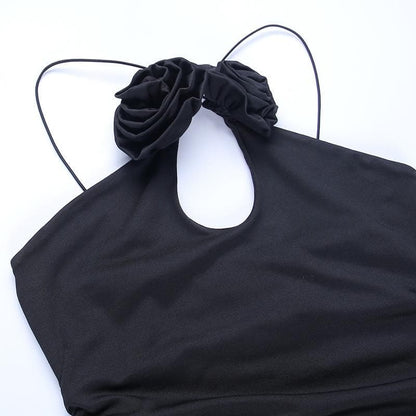 Halter Flower Applique Keyhole Ruched Side Slit Mini Dress