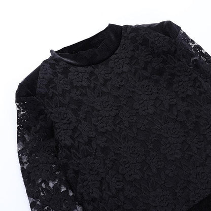 Mock Neck Floral Lace Long Sleeve Velvet Skirt Feather Trim Mini Dress