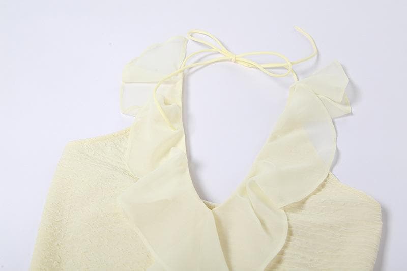 Halter Plunging Ruffle Front Ruched Tiered Asymmetric Mini Dress