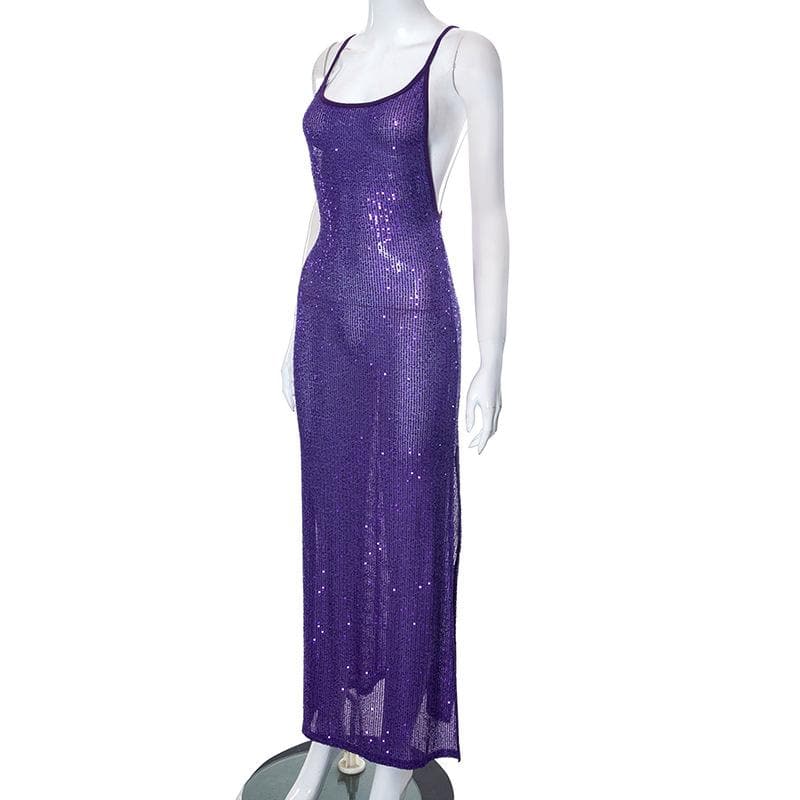 Sequin Spaghetti Strap Low Open Back Bodycon Maxi Dress