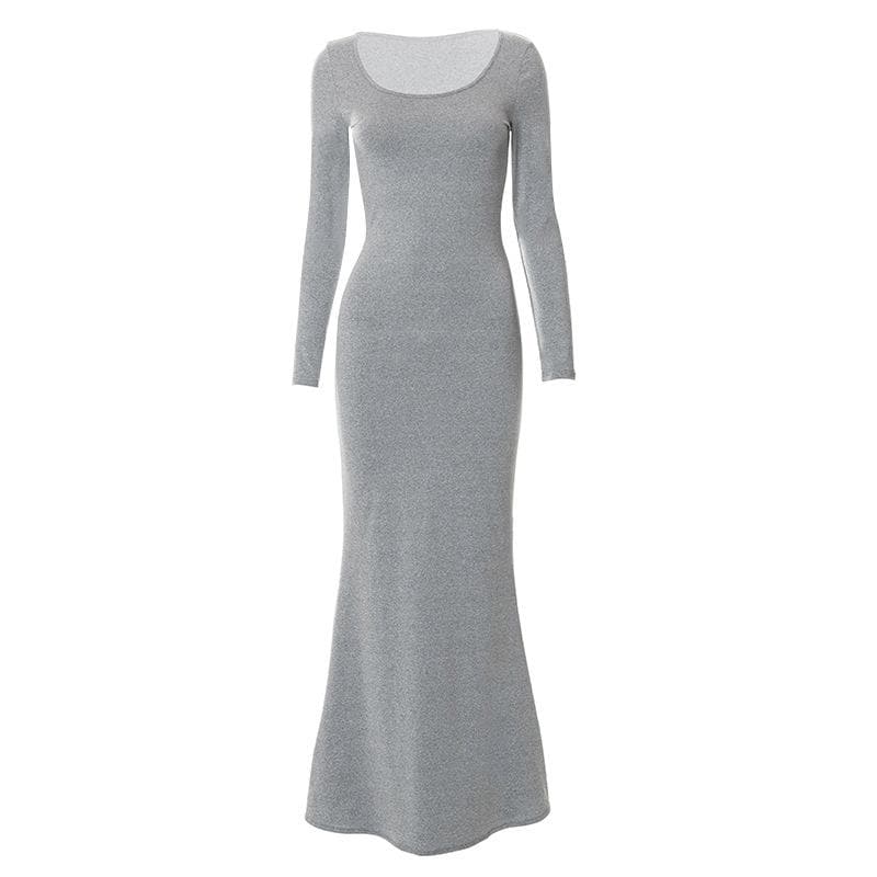 Scoop Neck Long Sleeve Mermaid Hem Knit Bodycon Maxi Dress