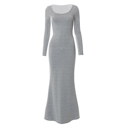 Scoop Neck Long Sleeve Mermaid Hem Knit Bodycon Maxi Dress