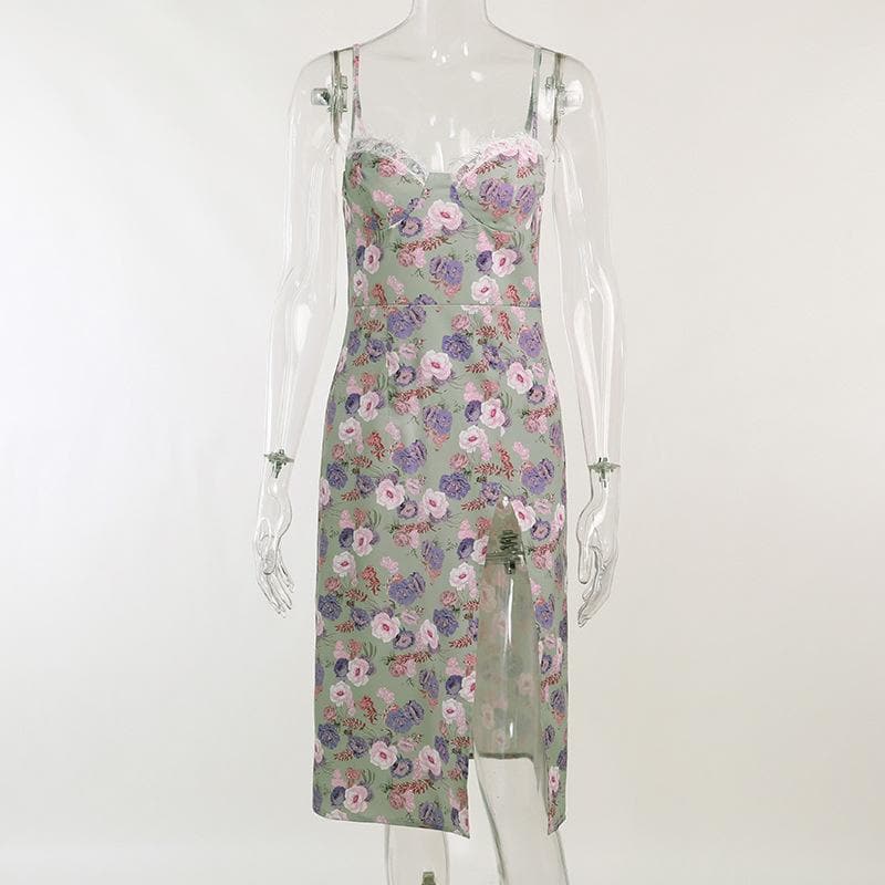 Sweetheart Lace Trim Spaghetti Strap Floral Side Slit Midi Dress