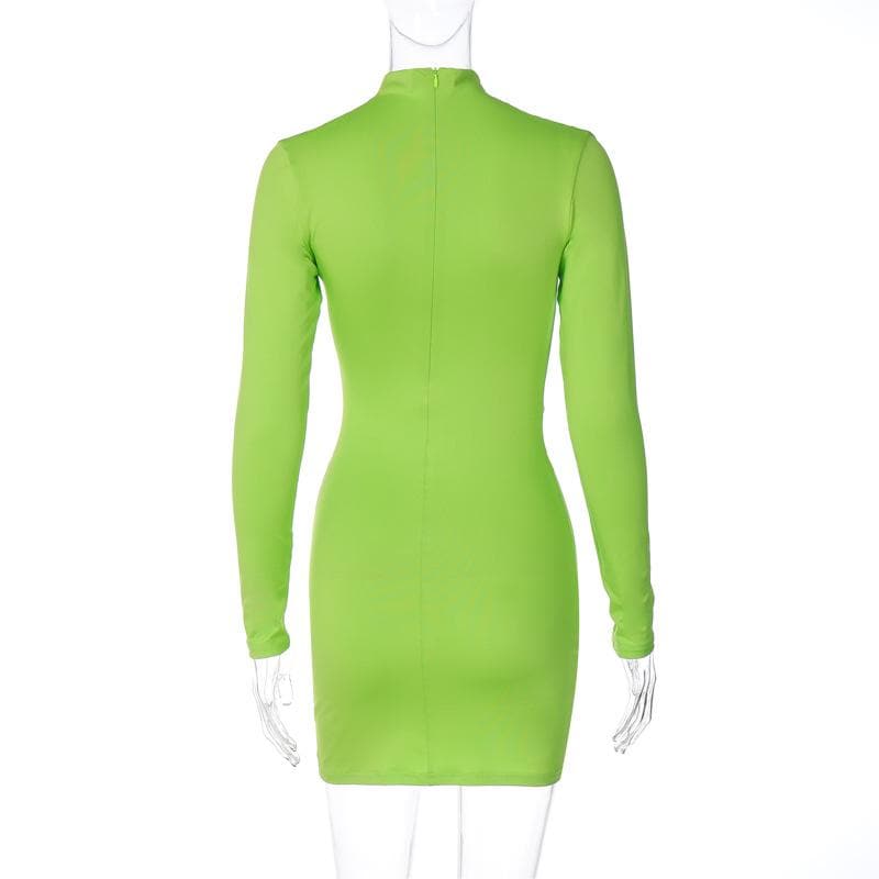 Mock Neck Diagonal Ruched Long Sleeve Bodycon Mini Dress