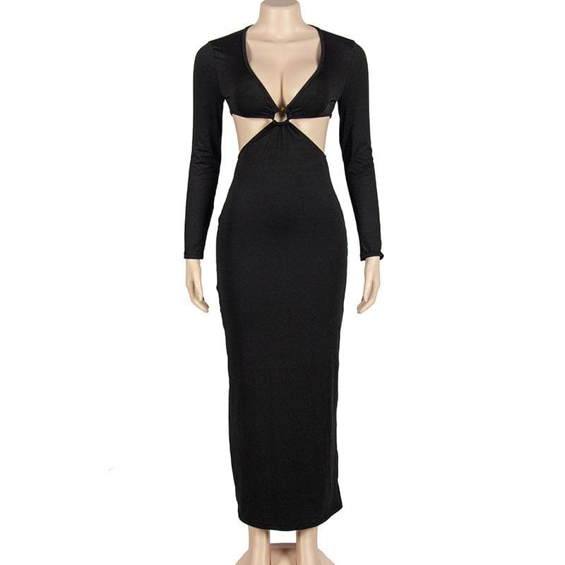 O-Ring Waist Cutout Deep V-Neck Long Sleeve Maxi Dress
