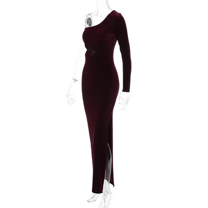 One Shoulder Long Sleeve Waist Cutout Velvet Bodycon Maxi Dress