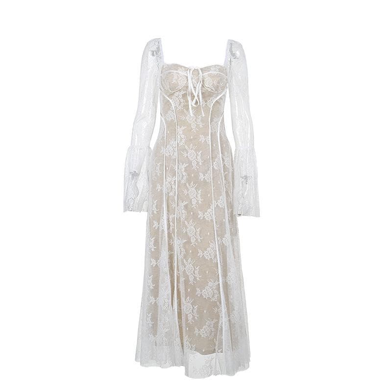 Square Neck Corset Lace Long Sleeve Bell Cuff Paneled Maxi Dress
