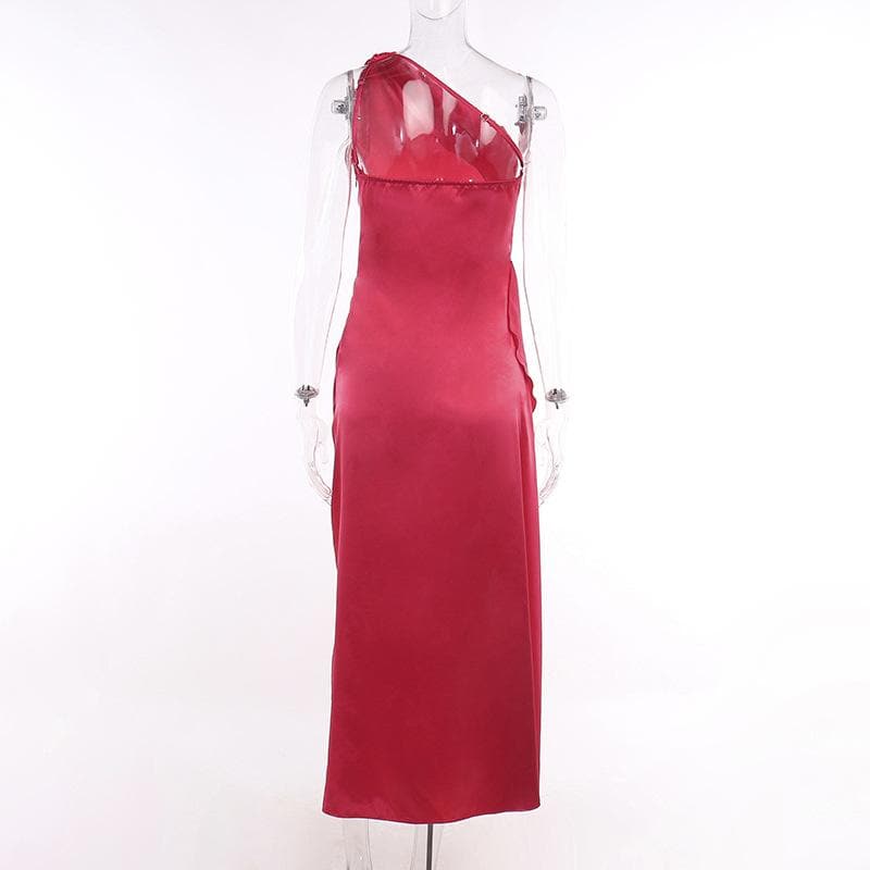 One Shoulder Satin Ruched Drape High Slit Maxi Dress