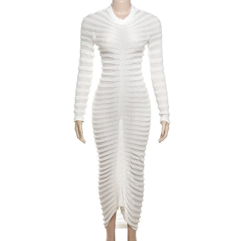 Mock Neck Long Sleeve Horizontal Ruched Rib Knit Bodycon Midi Dress