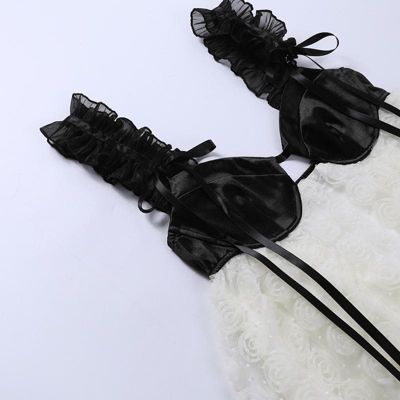 Contrast Bustier Ruffle Strap Babydoll Floral Mesh Mini Dress