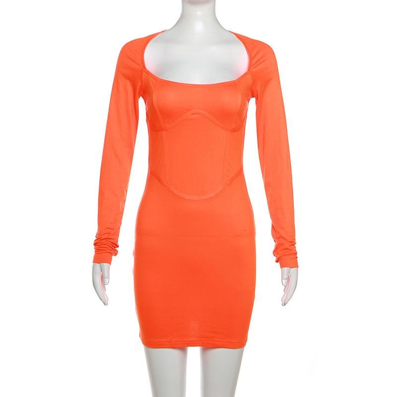 Square Neck Corset Seam Piped Long Sleeve Bodycon Mini Dress