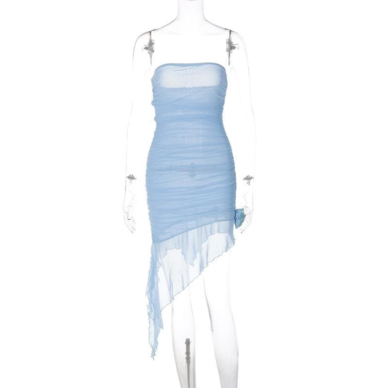 Strapless Ruched Mesh Rosette Asymmetric Hem Mini Dress