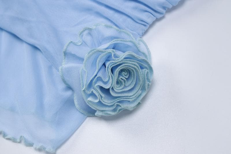 Strapless Ruched Mesh Rosette Asymmetric Hem Mini Dress