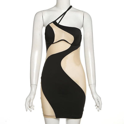 One Shoulder Mesh Panel Cutout Asymmetric Hem Bodycon Mini Dress