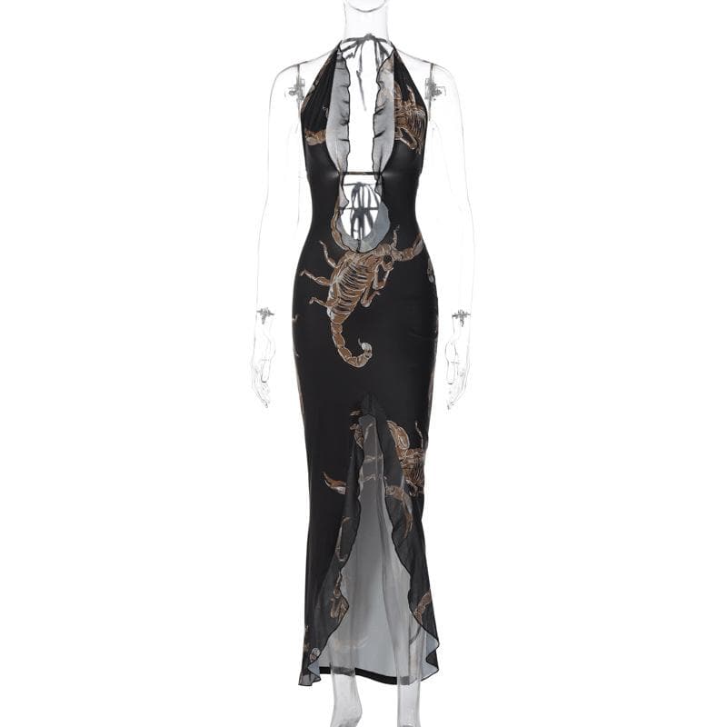 Scorpion Print Plunge Halter Ruffle Trim High Slit Maxi Dress