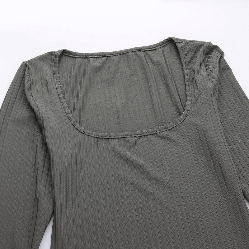 Square Neck Ribbed Knit Flared Sleeve Ruffle Mini Dress