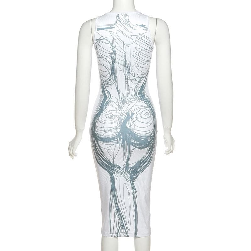 Abstract Figure Line Art Scoop Neck Tank Bodycon Midi Dress