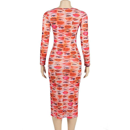 Scoop Neck Face Collage Graphic Sheer Mesh Long Sleeve Midi Dress