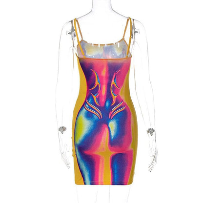 Square Neck Spaghetti Strap Thermal Silhouette Graphic Cami Mini Dress