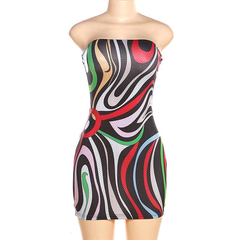 Strapless Abstract Swirl Print Mesh Bodycon Mini Dress