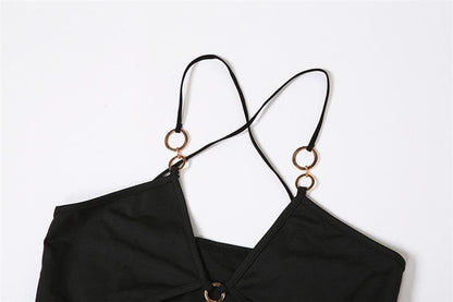 Plunging V-Neck Spaghetti Strap Midriff Ring Cutout Ribbed Maxi Dress