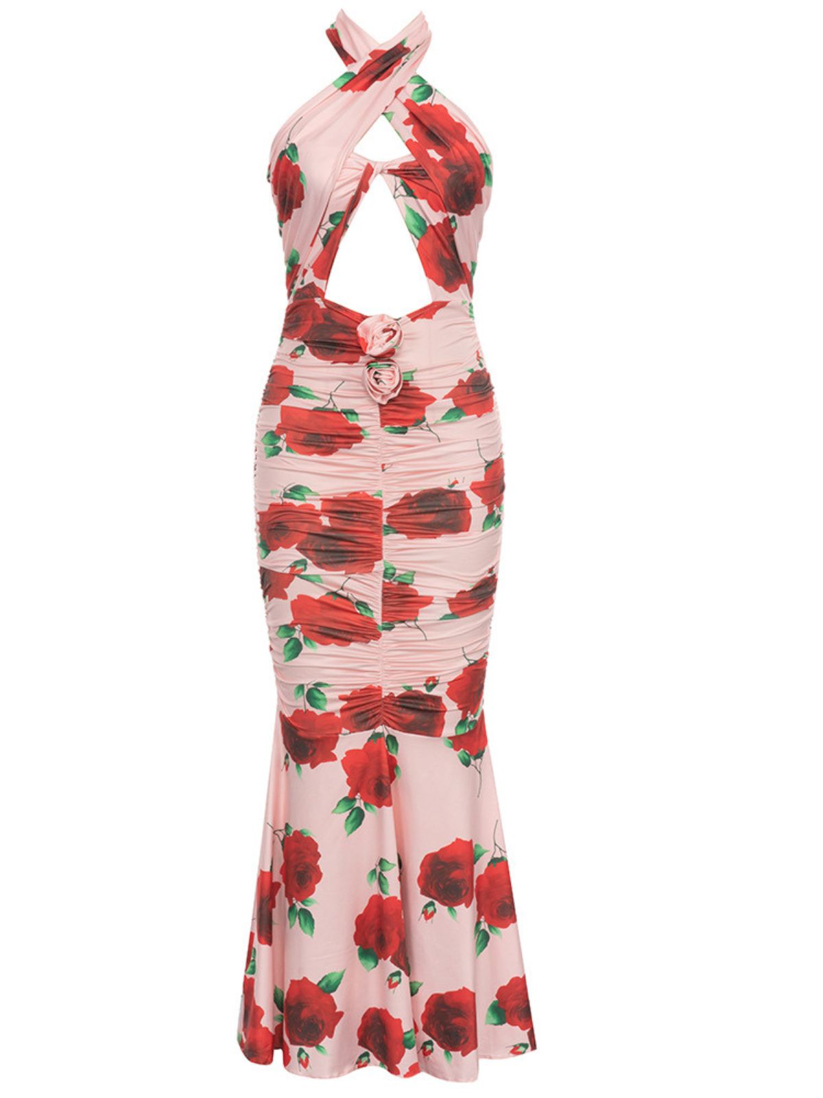 Crossover Halter Floral Print Bust Cutout Ruched Mermaid Maxi Gown