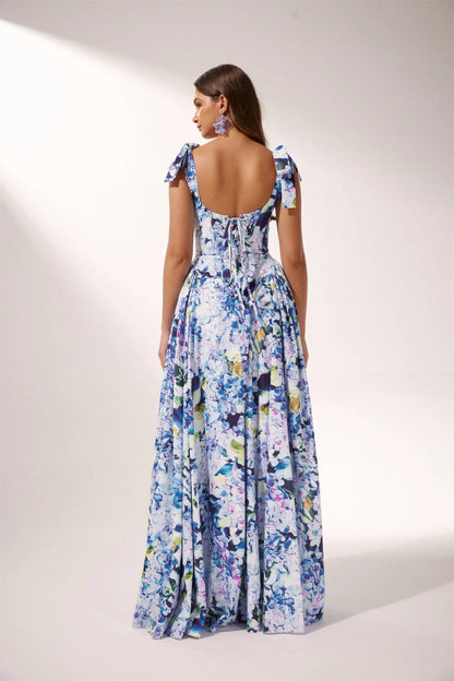 Straight Neck Corset Bodice Off Shoulder Tie Strap Pleated Maxi Gown