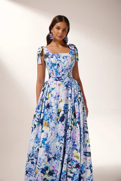 Straight Neck Corset Bodice Off Shoulder Tie Strap Pleated Maxi Gown