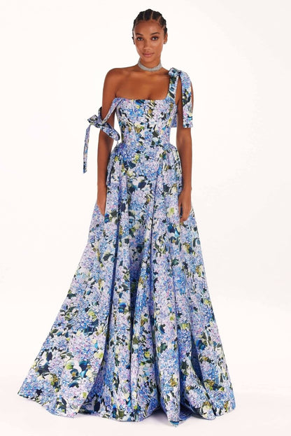 Straight Neck Corset Bodice Off Shoulder Tie Strap Pleated Maxi Gown
