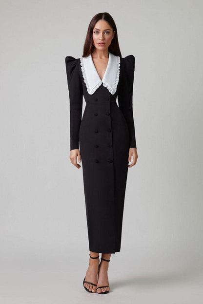 Peter Pan Collar Double Breasted Puff Shoulder High Split Midi Dress