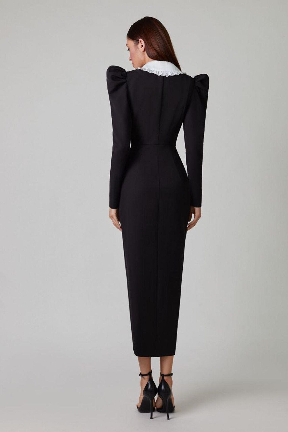 Peter Pan Collar Ruffle Puff Sleeve Double Breasted Button Midi Dress