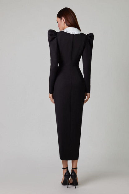 Peter Pan Collar Ruffle Puff Sleeve Double Breasted Button Midi Dress
