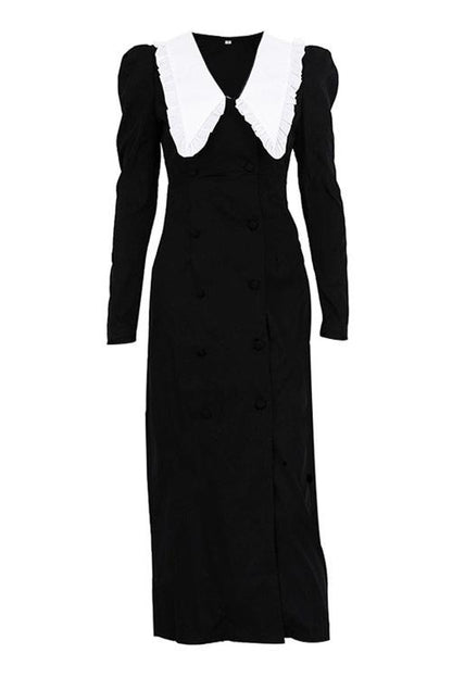 Peter Pan Collar Ruffle Puff Sleeve Double Breasted Button Midi Dress