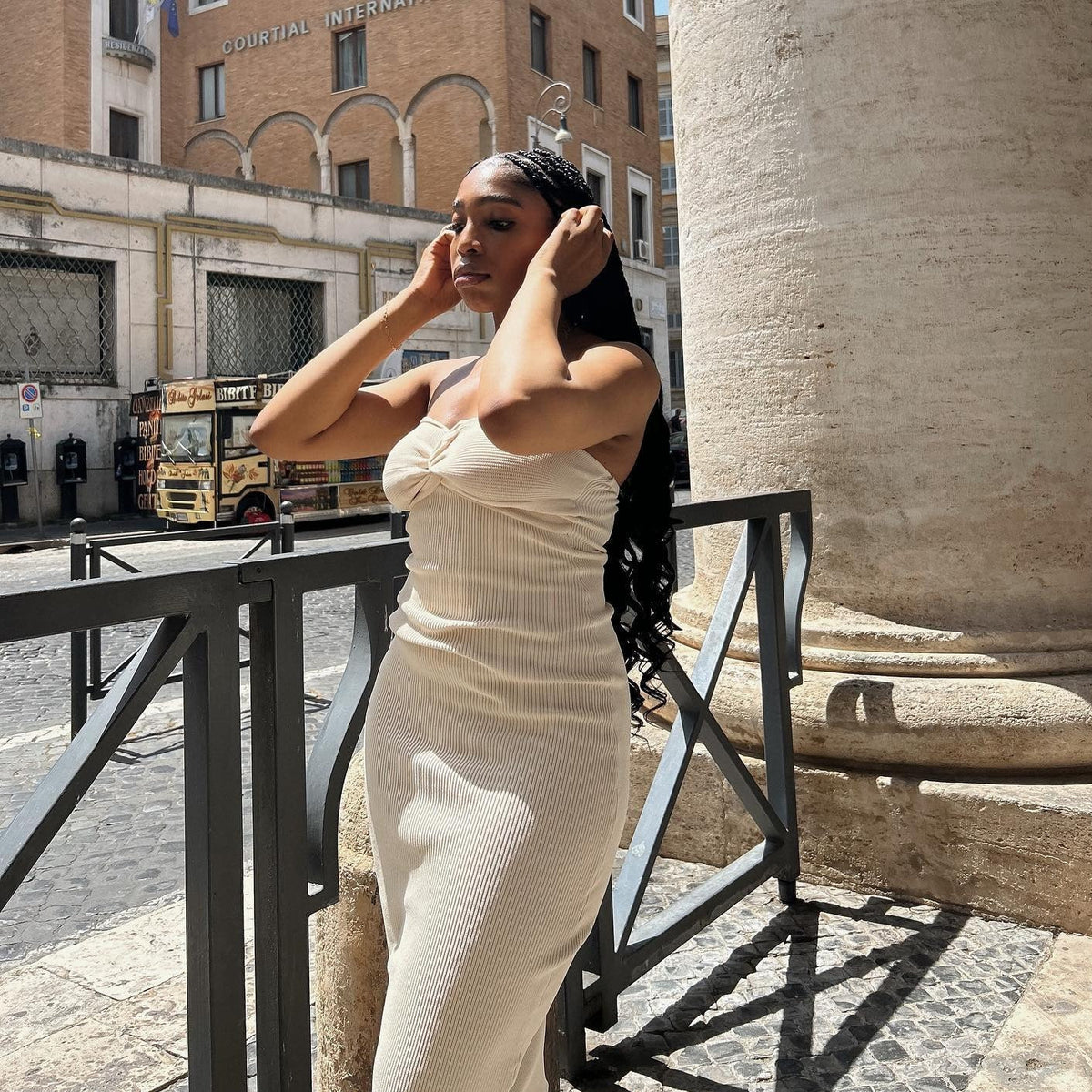 Strapless Rib Knit Twist Front Knot Bodycon Midi Dress