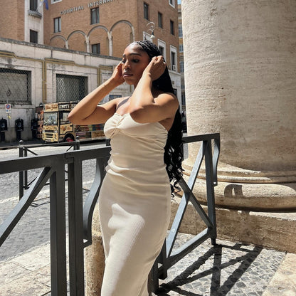 Strapless Rib Knit Twist Front Knot Bodycon Midi Dress