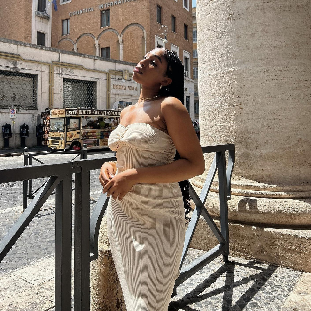 Strapless Rib Knit Twist Front Knot Bodycon Midi Dress