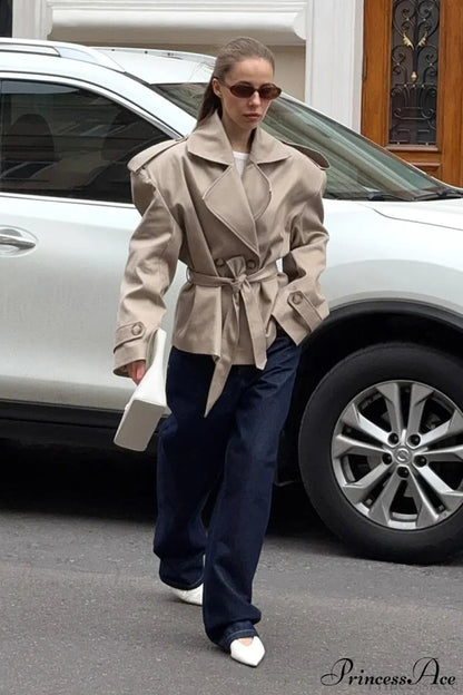 Khaki Long Sleeve Tie Waist Collar Trench Coat