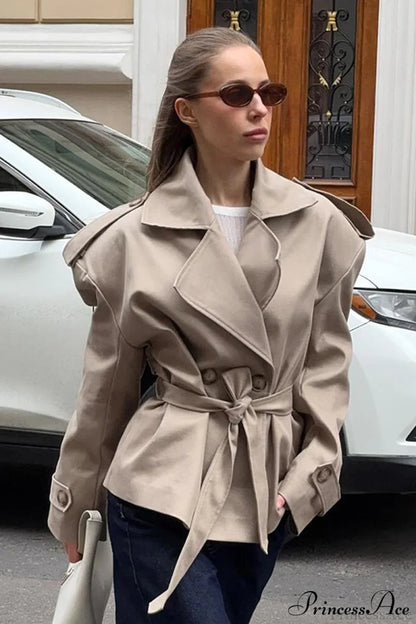 Khaki Long Sleeve Tie Waist Collar Trench Coat