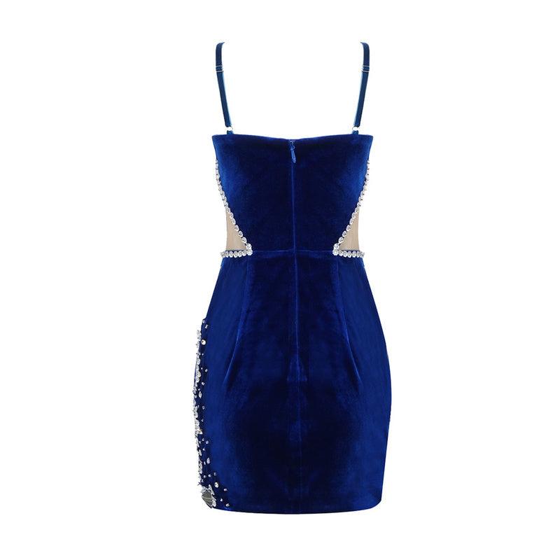 Plunging V Neck Side Cutout Mirror Rhinestone Embellished Velvet Mini Dress