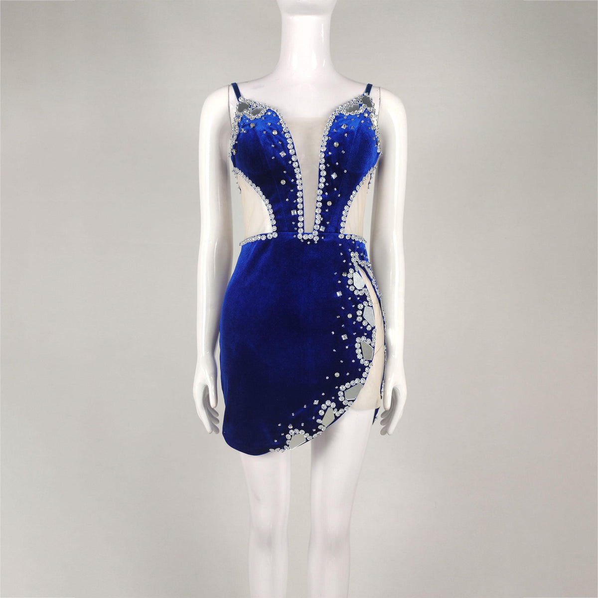 Plunging V Neck Side Cutout Mirror Rhinestone Embellished Velvet Mini Dress