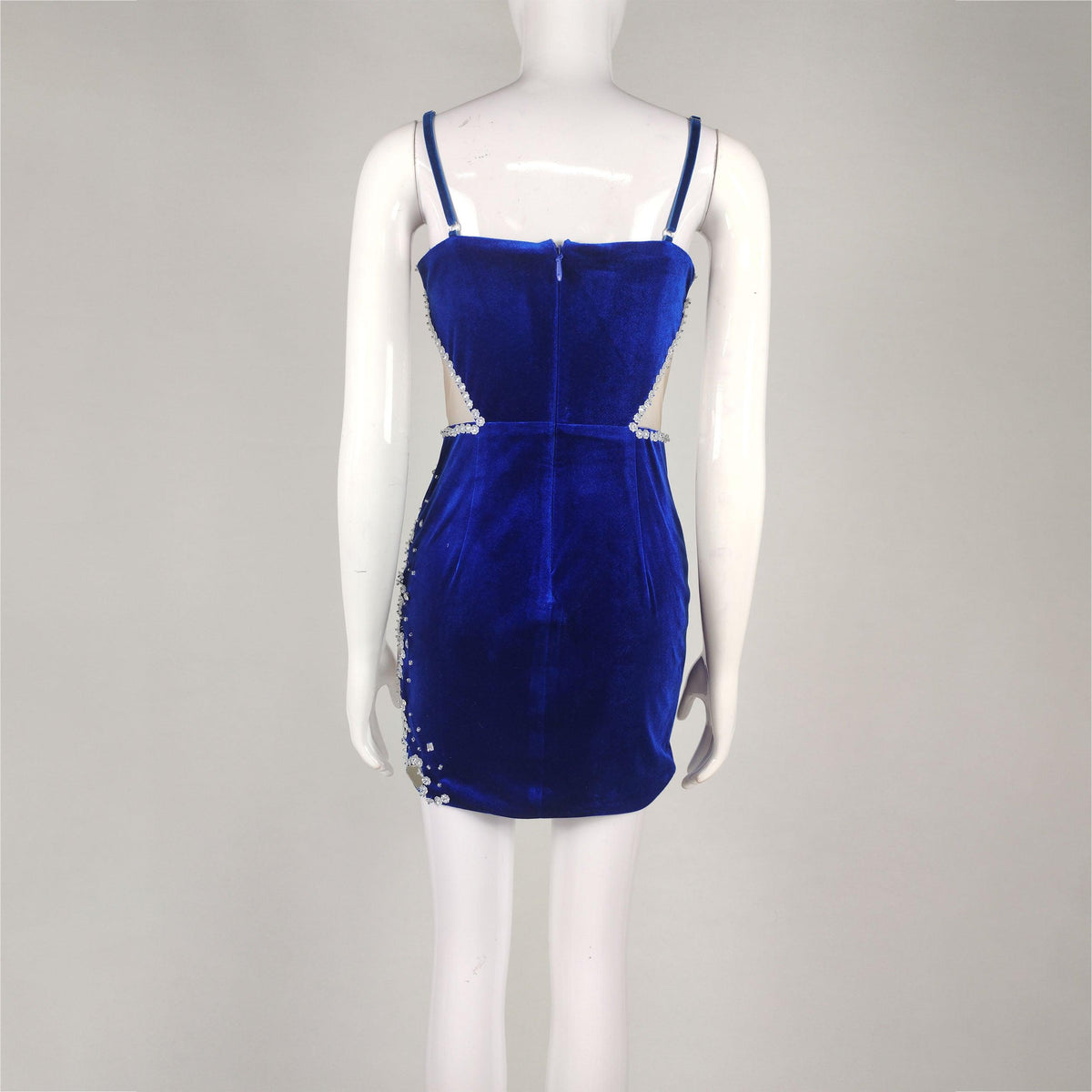 Plunging V Neck Side Cutout Mirror Rhinestone Embellished Velvet Mini Dress