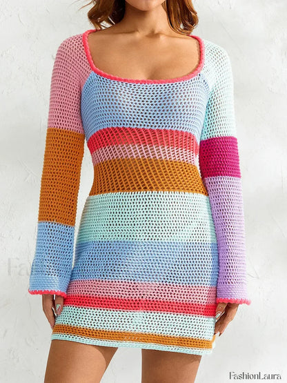 Knitted Cutout Stripe Mini Dress