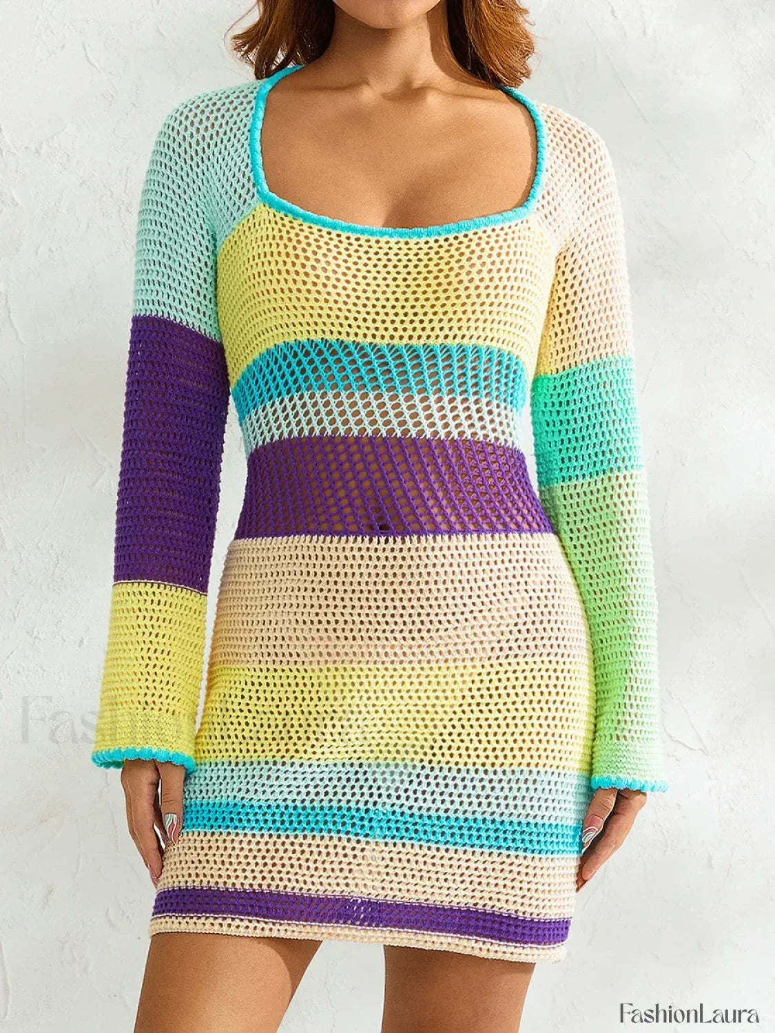 Knitted Cutout Stripe Mini Dress