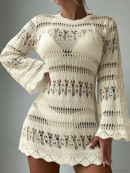 Knitted Hollow Out Sexy Backless Beach Mini Boho Dress Cover-up