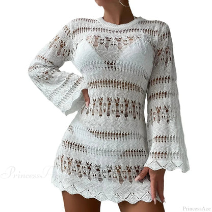 Knitted Hollow Out Sexy Backless Beach Mini Boho Dress Cover-up