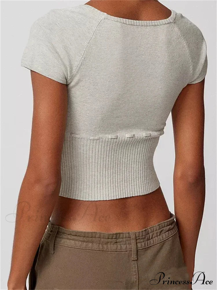 Knitted Ribbed Solid Color Short Sleeve Square Neck Drawstring T-shirts