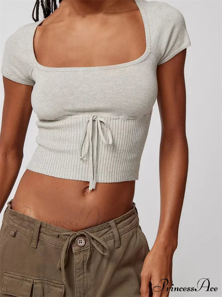 Knitted Ribbed Solid Color Short Sleeve Square Neck Drawstring T-shirts