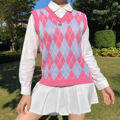 Knitted Vest Vangull Argyle Fashion Women Casual Korean Pullover Elasticity Sweater Spring Autumn Sleeveless V-Neck Tank Tops